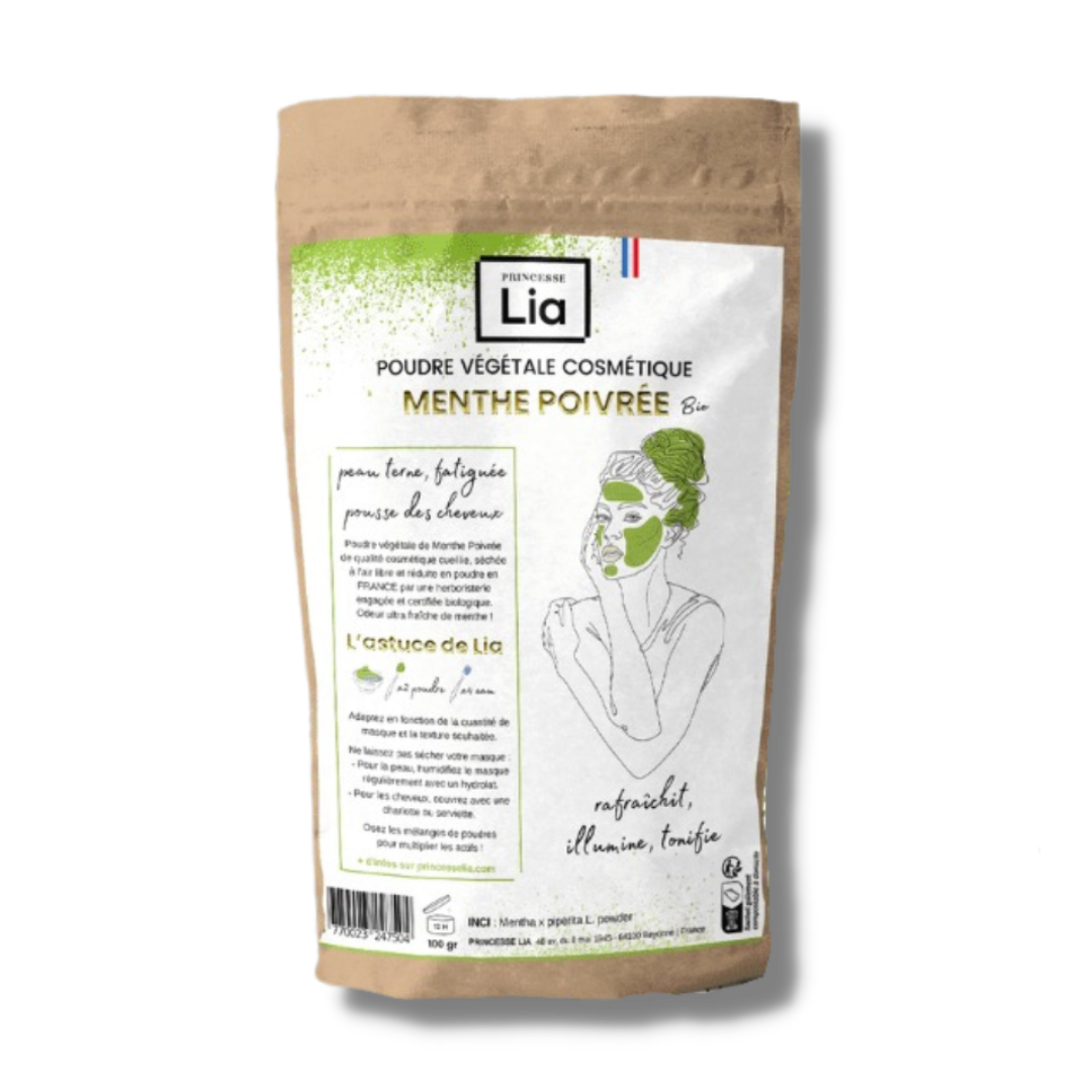poudre de menthe poivrée en sachet kraft de 100g , princesse lia avenue californie