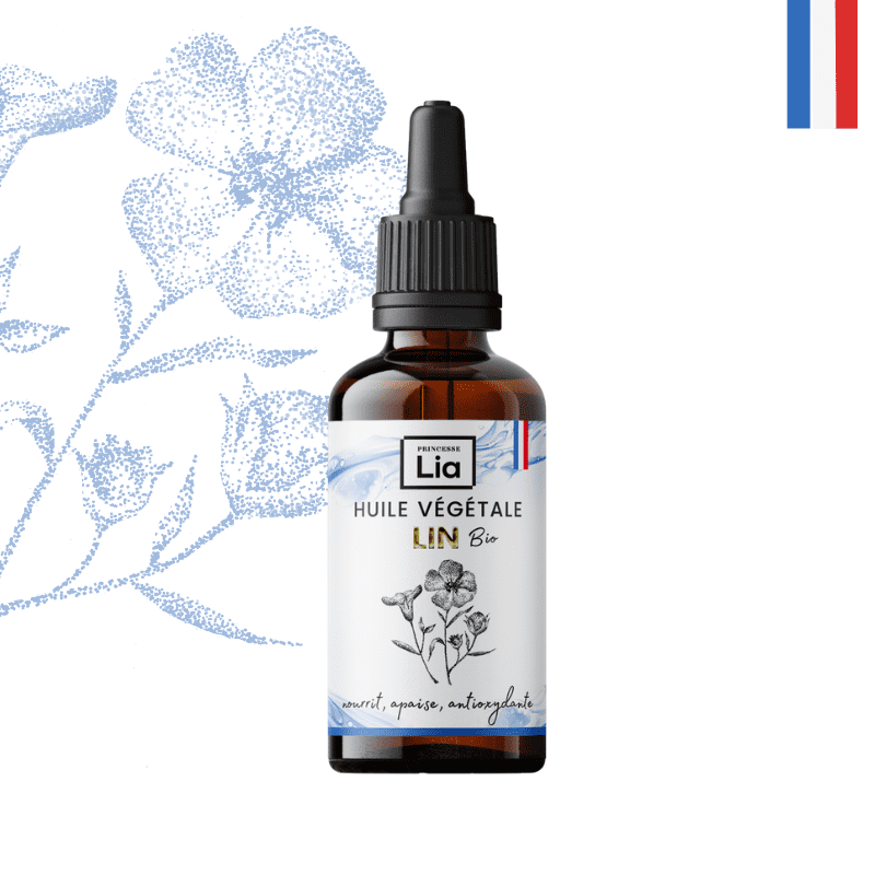 photo de l'huile de lin bio princesse lia. adaptée aux peaux sensibles et qui ont besoin de nutrition. produit de 50ml. avenue californie