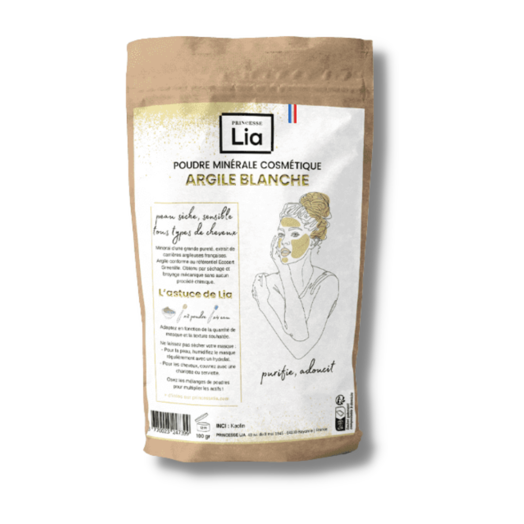 argile blanche française en sachet kraft de 100 Très douce, l’argile blanche naturelle en format recharge de Princesse lia est idéale pour les peaux sèches, délicates ainsi que le cuir chevelu grasg , avenue californie, princesse lia