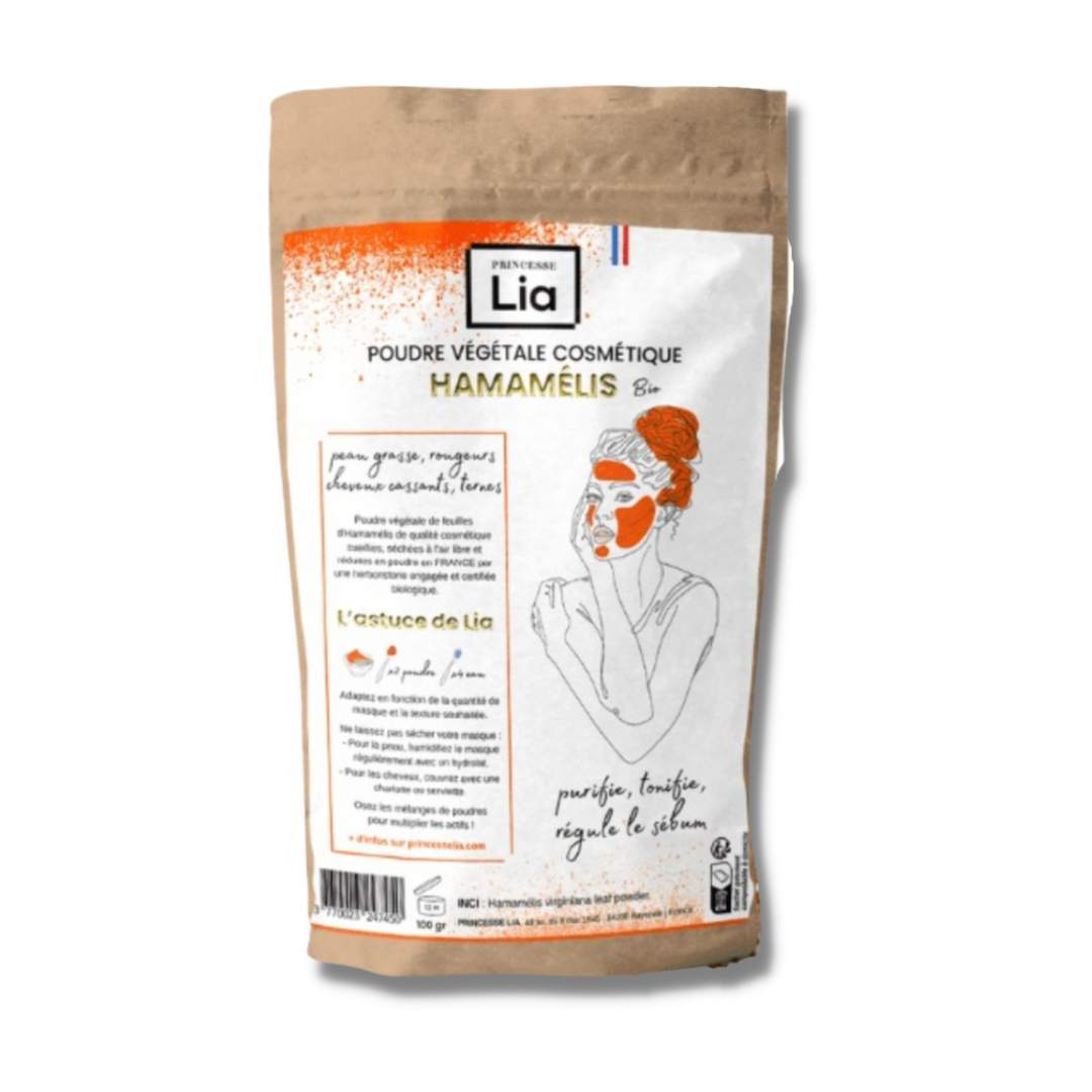 poudre végétale d'hamamélis naturelle, princesse lia , avenue californie , sachet kraft de 100g